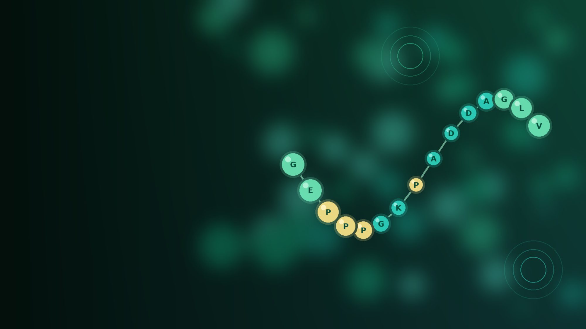 Green illustration of a 15-bead peptide chain labelled with the amino acid sequence of BPC-157